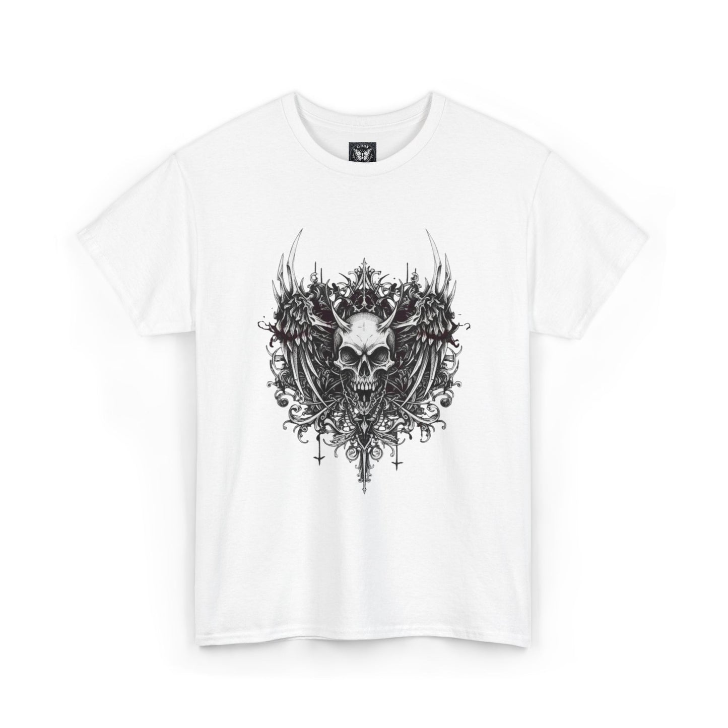 Ornate Skull Crest Tee | Gothic Skull Wings Illustration