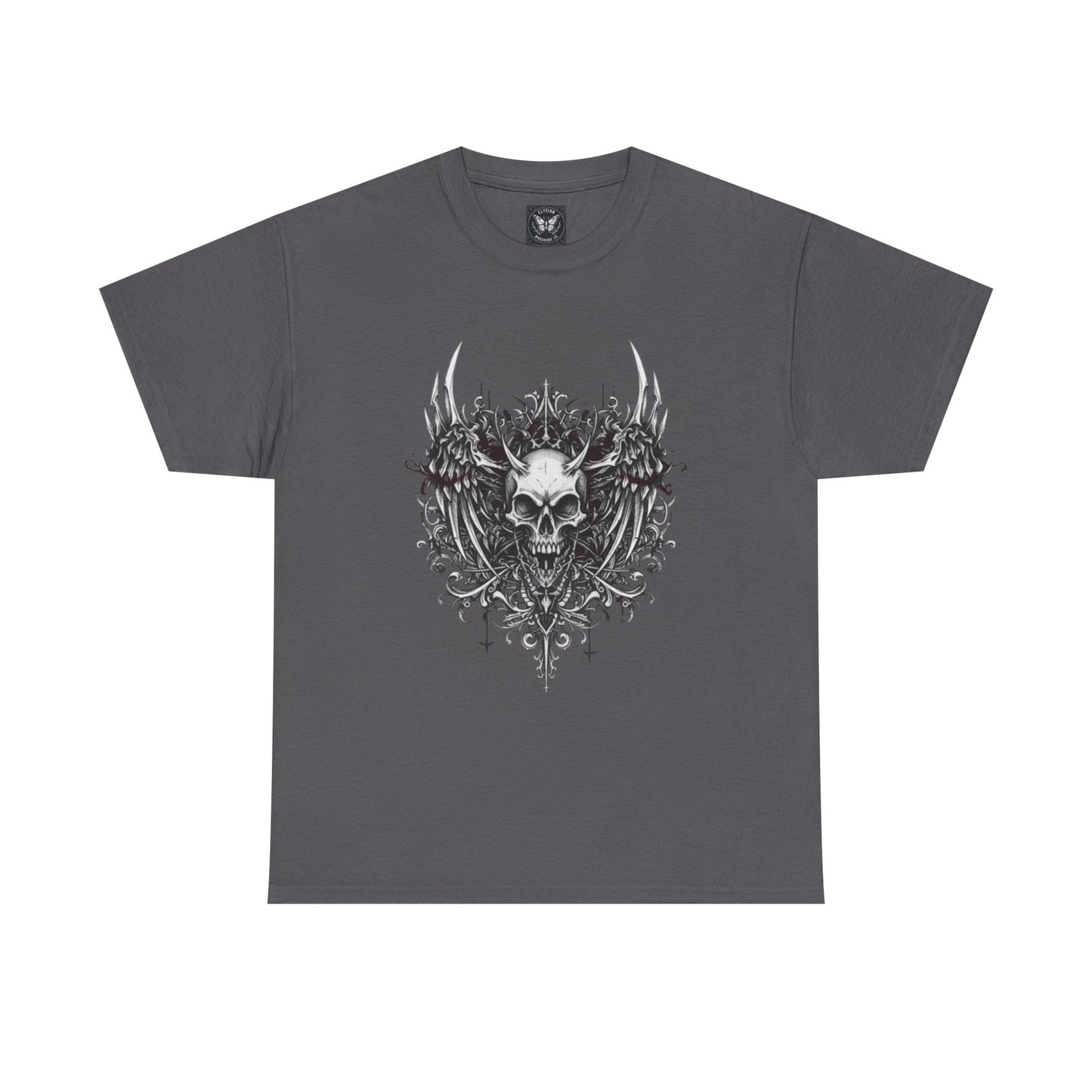 Ornate Skull Crest Tee | Gothic Skull Wings Illustration