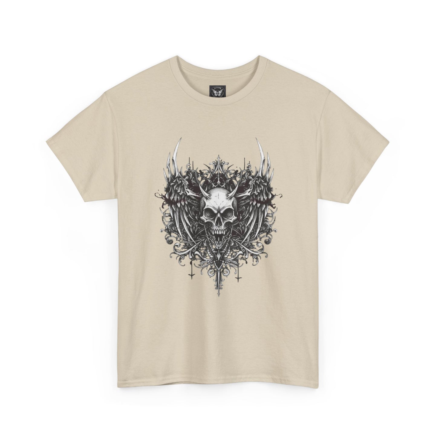 Ornate Skull Crest Tee | Gothic Skull Wings Illustration