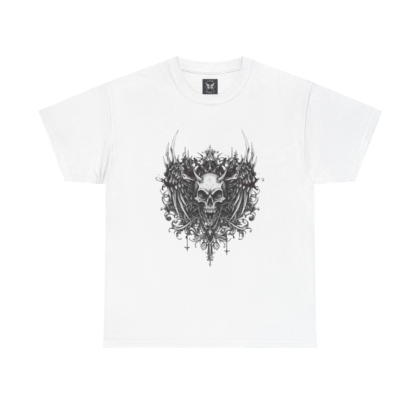 Ornate Skull Crest Tee | Gothic Skull Wings Illustration