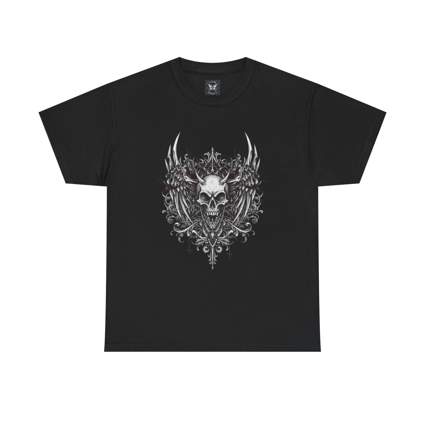 Ornate Skull Crest Tee | Gothic Skull Wings Illustration
