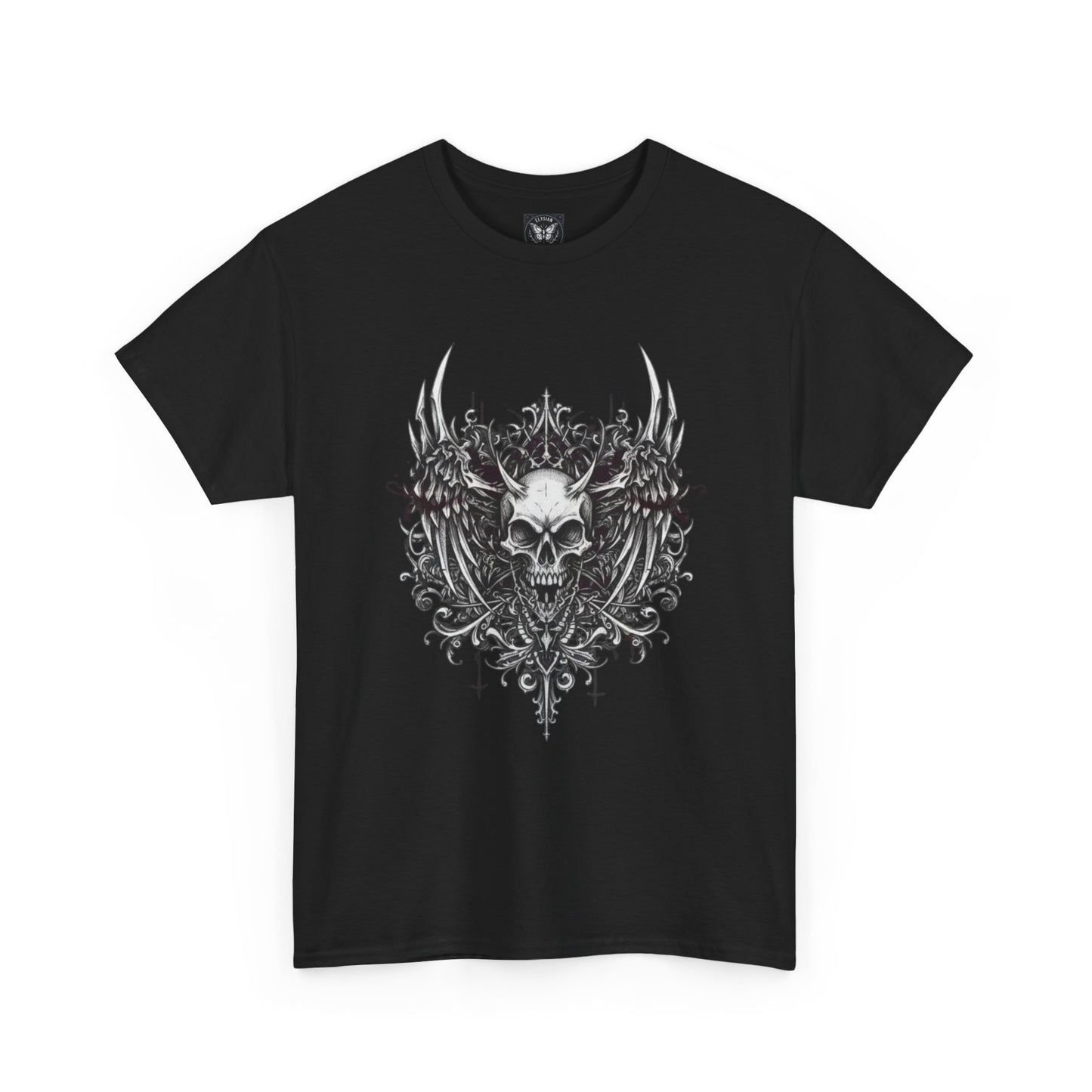 Ornate Skull Crest Tee | Gothic Skull Wings Illustration