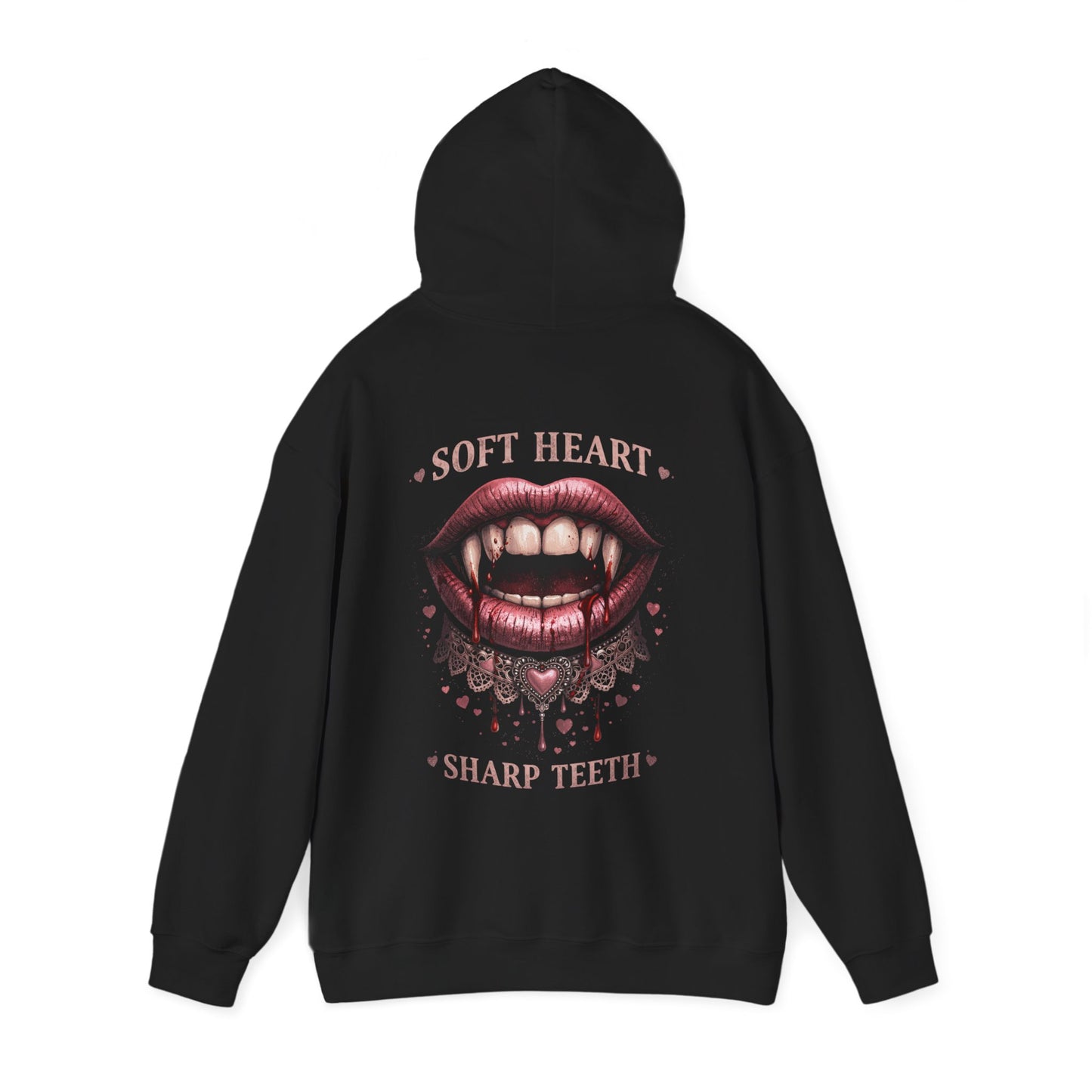 Soft Hearts Still Bite Hoodie — Gothic Vampire Heart Graphic Sweatshirt