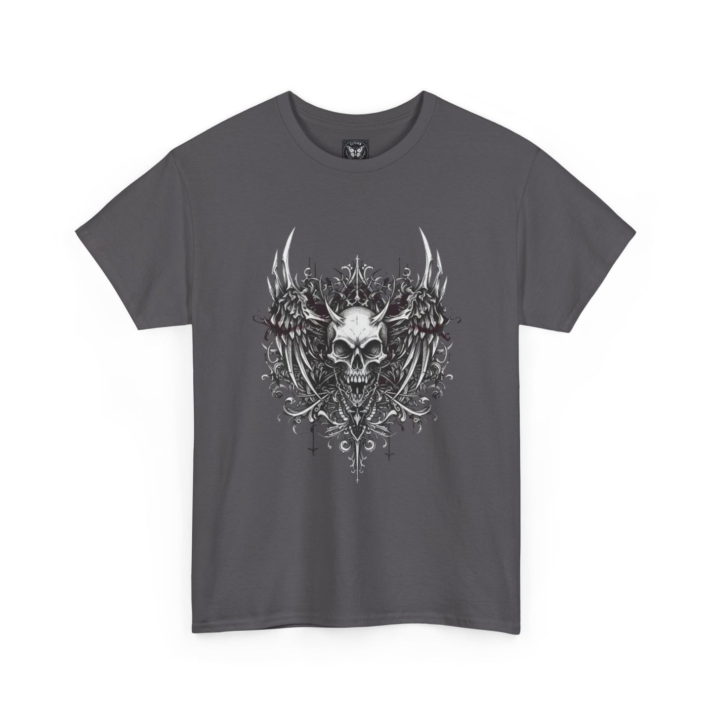 Ornate Skull Crest Tee | Gothic Skull Wings Illustration