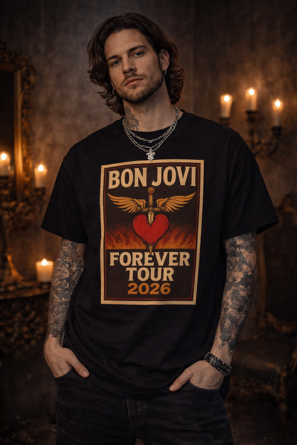 Bon Jovi Forever Tour 2026 T-Shirt | Band Tee, Retro Heart Dagger Design