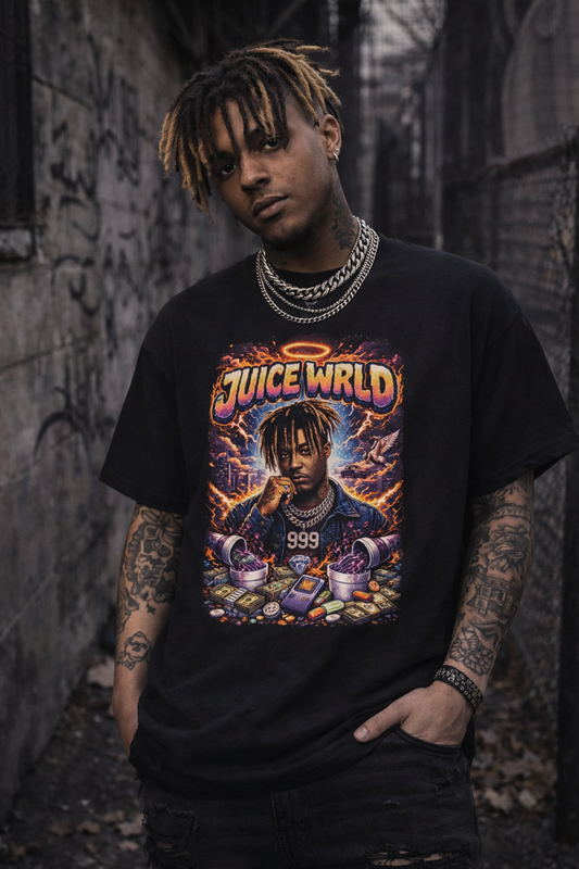 Juice WRLD portrait Tee | 999 purple clouds, pills and cups graphic