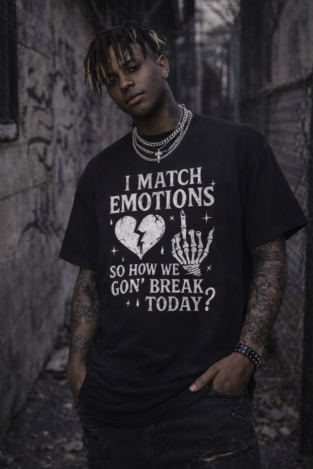 I Match Emotions Graphic Tee, Heart Skeleton Hand Streetwear Shirt, Dark Gothic Vibes, Emo Alt Fashion Lover, Casual Wear Festival Statement