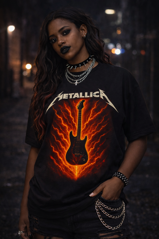 Metallica Flame Guitar Tee | Rock Band Shirt, Electric Guitar Graphic