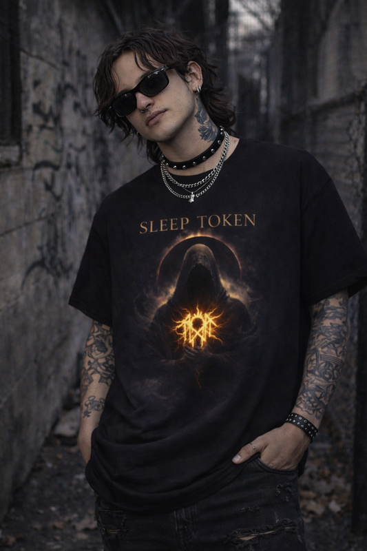 Sleep Token hooded figure inspired graphic tee | band logo, mystical sun emblem