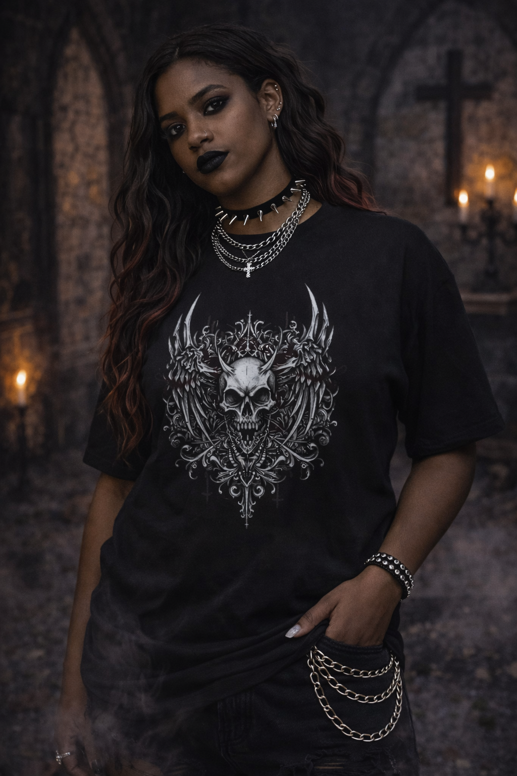 Ornate Skull Crest Tee | Gothic Skull Wings Illustration