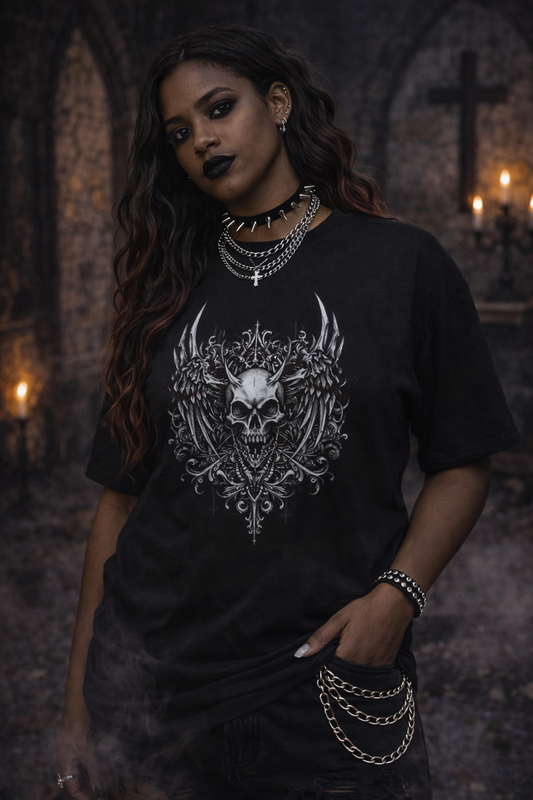 Ornate Skull Crest Tee | Gothic Skull Wings Illustration