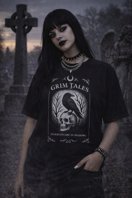 Grim Tales Gothic Raven Skull T-Shirt Dark Alternative Halloween Tee