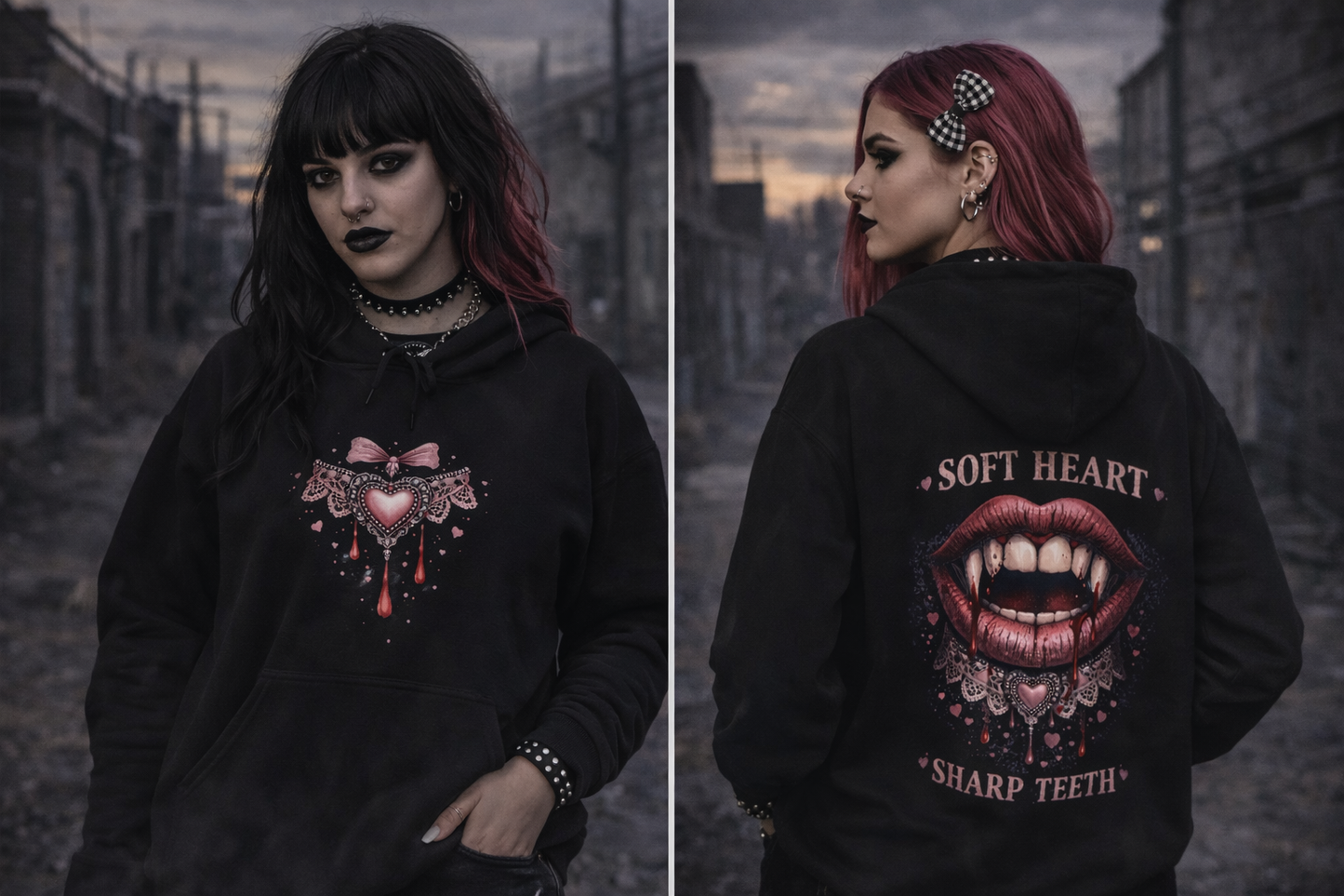 Soft Hearts Still Bite Hoodie — Gothic Vampire Heart Graphic Sweatshirt