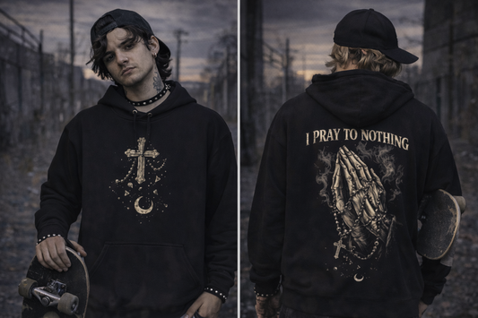Prayer Hands Hoodie — "I Pray to Nothing" Gothic Crescent Moon Design