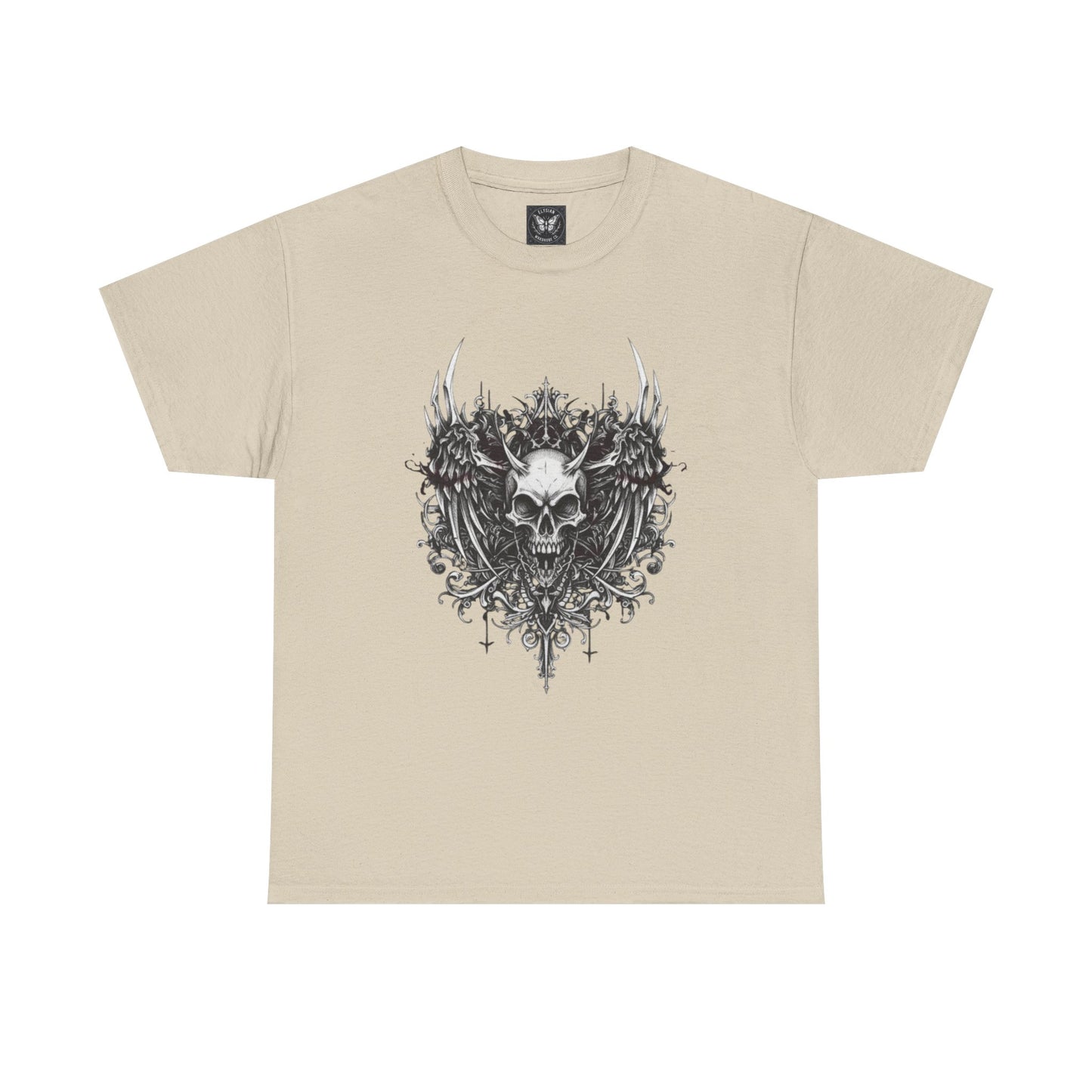 Ornate Skull Crest Tee | Gothic Skull Wings Illustration